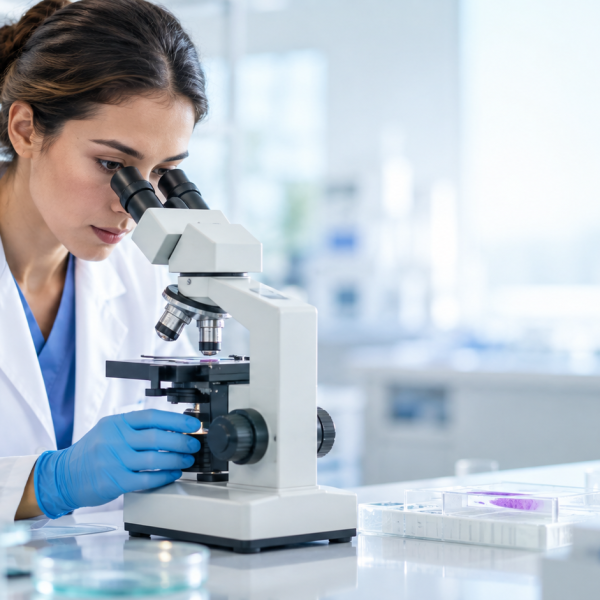 Female doctor looking into microscope