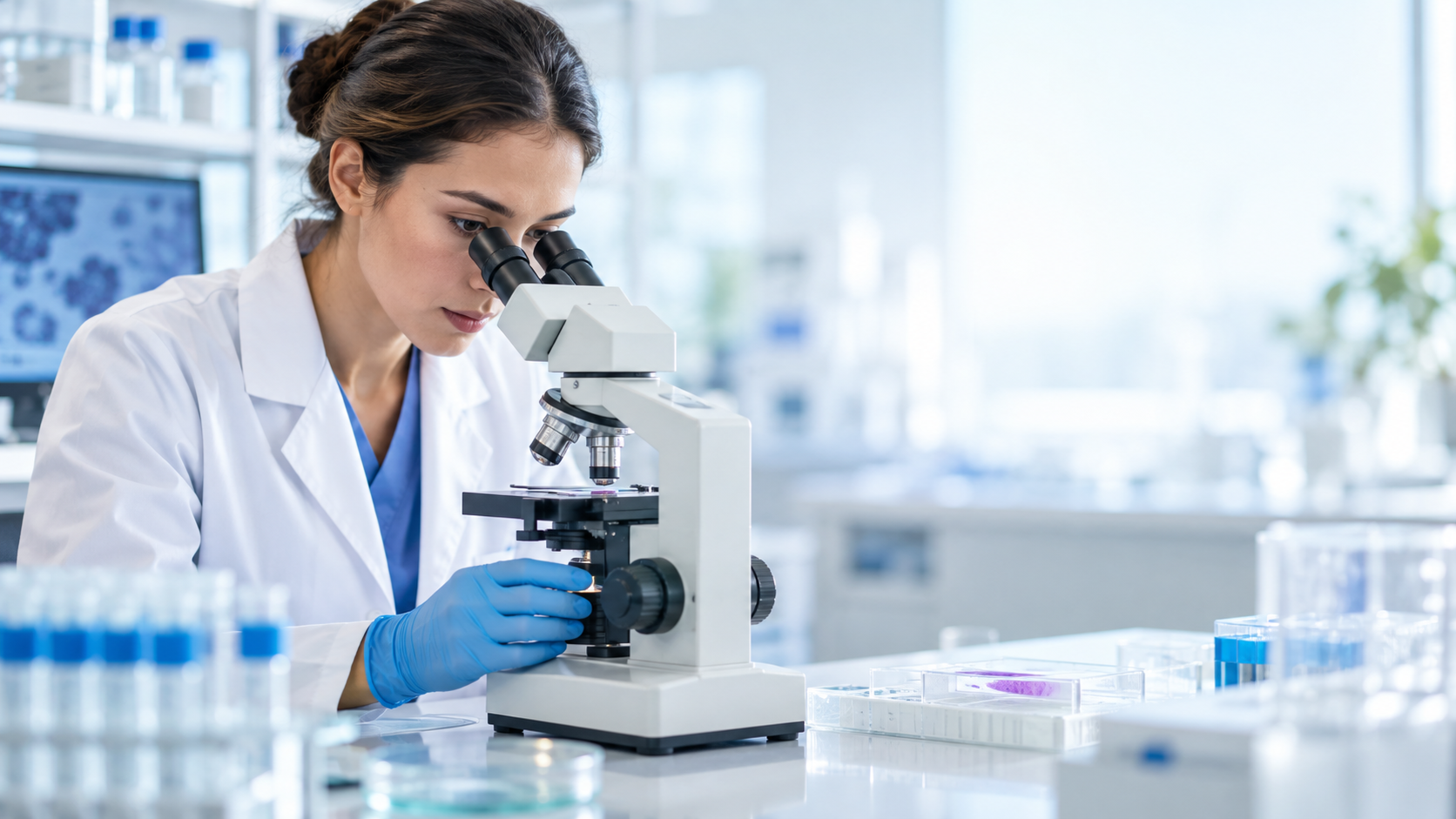 Female doctor looking into microscope
